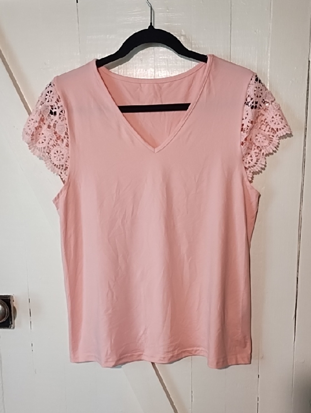 SHEIN Blush Pink V-Neck Top with Crochet Cap Sleeves Like New Large .